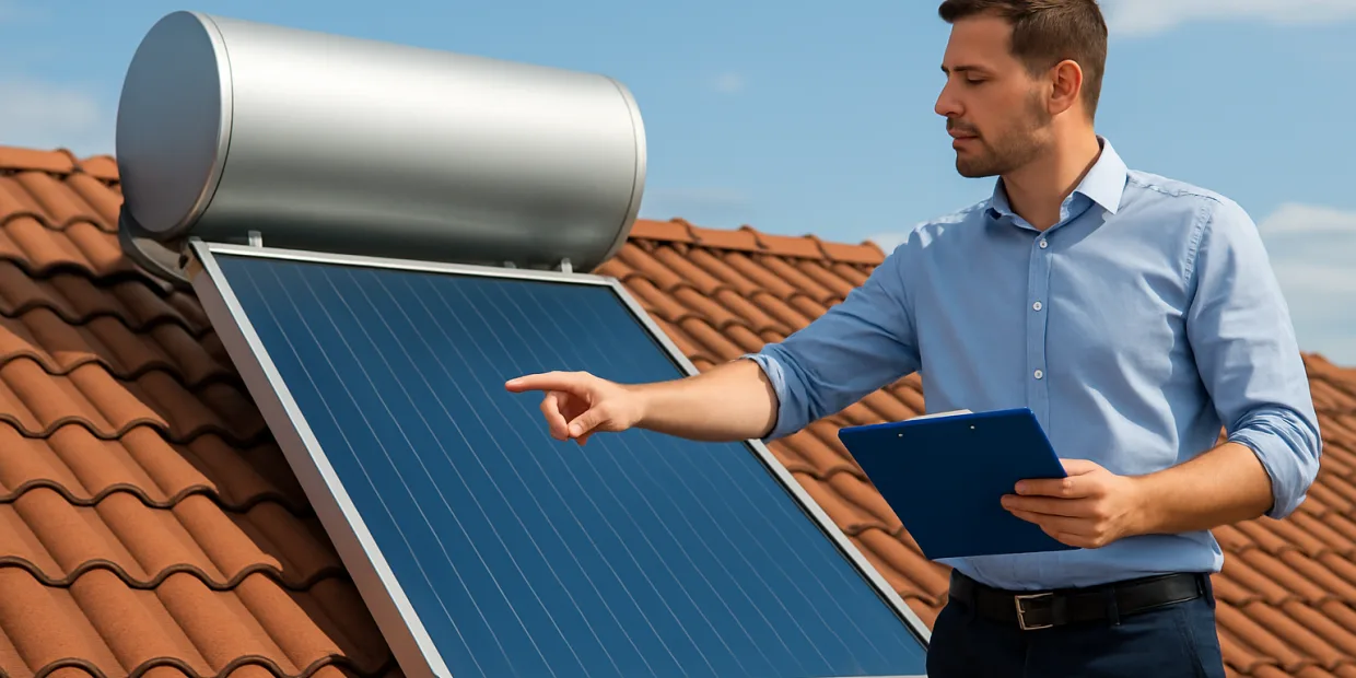 Ηλιακός θερμοσίφωνας με επιλεκτικούς συλλέκτες σε ταράτσα, ενδεικτικός επιλογών σε προσφορά